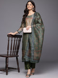 Varanga Women Olive Floral Printed Sequin Embellished  Straight Kurta Paired With Bottom  And Dupatta