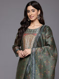 Varanga Women Olive Floral Printed Sequin Embellished  Straight Kurta Paired With Bottom  And Dupatta