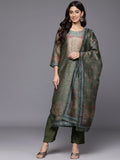 Varanga Women Olive Floral Printed Sequin Embellished  Straight Kurta Paired With Bottom  And Dupatta