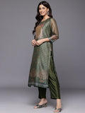 Varanga Women Olive Floral Printed Sequin Embellished  Straight Kurta Paired With Bottom  And Dupatta