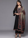 Varanga Women Black Floral Printed Embellished Anarkali Kurta Paired With Bottom And Printed Dupatta