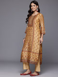 Varanga Women Mustard Floral Printed Yoke Embroidered  Straight Kurta Paired With Bottom & Dupatta