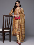 Varanga Women Mustard Floral Printed Yoke Embroidered  Straight Kurta Paired With Bottom & Dupatta