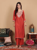 Varanga Women Rust Round Neck Zari Embroidered Yoke Straight Kurta with Tonal Bottom and Dupatta