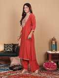 Varanga Women Rust Round Neck Zari Embroidered Yoke Straight Kurta with Tonal Bottom and Dupatta