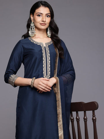 Varanga Women Round Neck Embroidered Kurta With Tonal Bottom And Dupata