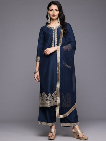 Varanga Women Round Neck Embroidered Kurta With Tonal Bottom And Dupata