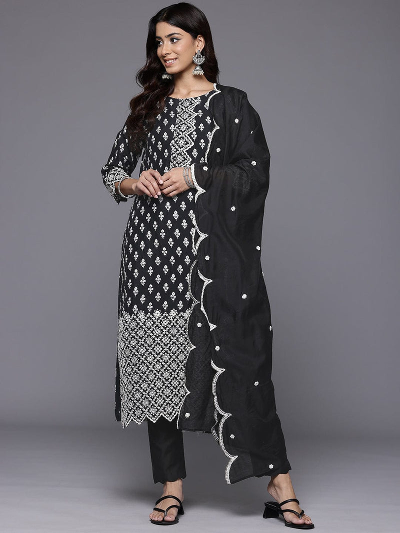 Varanga Women Black Printed Shiffly Work Kurta With Bottom And Dupatta