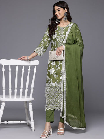 Varanga Women Green Floral Printed Shiffly Work Kurta Paired With Bottom And Dupatta