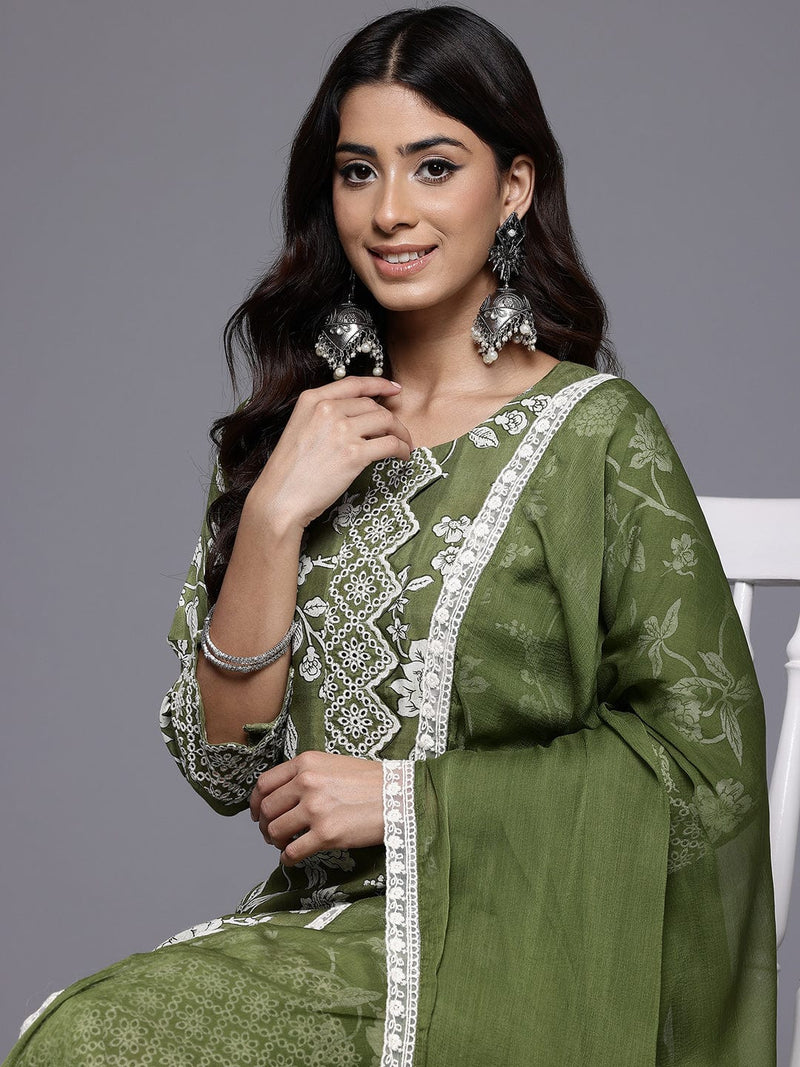 Varanga Women Green Floral Printed Shiffly Work Kurta Paired With Bottom And Dupatta