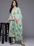 Varanga Women Sea Green Placment Design  Floral Printed Thread Embroidered Kurta  Paired With Bottom And Dupatta