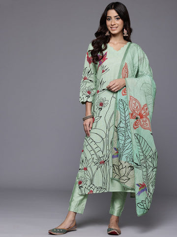 Varanga Women Sea Green Placment Design  Floral Printed Thread Embroidered Kurta  Paired With Bottom And Dupatta