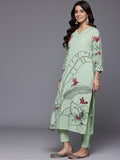 Varanga Women Sea Green Placment Design  Floral Printed Thread Embroidered Kurta  Paired With Bottom And Dupatta