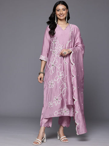 Varanga Women Mauve Floral Placement Design Thread Embroidered Kurta With Bottom And Dupatta