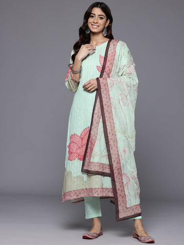 Varanga Women Sea Green Floral Printed And Thread Embroidered Kurta With Bottom And Dupatta