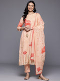 Varanga Women Peach Placement Print Kantha Embroidered  Straight  Kurta With Bottom And Dupatta