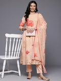 Varanga Women Peach Placement Print Kantha Embroidered  Straight  Kurta With Bottom And Dupatta