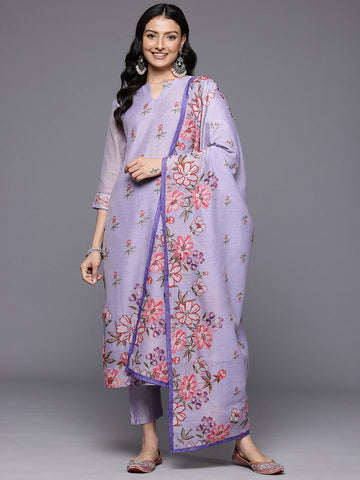 Varanga Women Lavender  Floral Printed Thread Embroidered Kurta Paired With Bottom And Dupatta