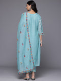 Varanga Women Blue Floral Printed Thread Embroidered Kurta  Paired With Bottom And Dupatta