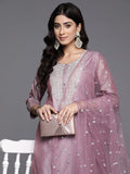 Varanga Women Mauve Round Neck Embroidered Kurta With Tonal Bottom And Dupatta