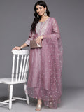 Varanga Women Mauve Round Neck Embroidered Kurta With Tonal Bottom And Dupatta