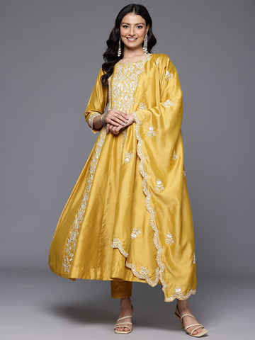 Varanga Women Yellow Floral Thread Embroidered Anarkali Kurta Paired  With Bottom And Dupatta