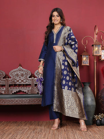 Varanga Women Navy Blue V Neck Kurta Set With Dupatta