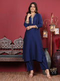 Varanga Women Navy Blue V Neck Kurta Set With Dupatta