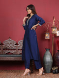 Varanga Women Navy Blue V Neck Kurta Set With Dupatta