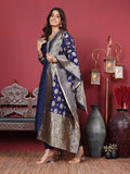 Varanga Women Navy Blue V Neck Kurta Set With Dupatta