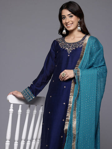 Varanga Women Navy Blue Placement Design  Embroidered Straight Kurta Paired With Contrast Bottom And Chiffon Dotted Dupatta With Four Side Fringes