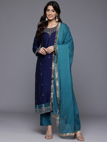 Varanga Women Navy Blue Placement Design  Embroidered Straight Kurta Paired With Contrast Bottom And Chiffon Dotted Dupatta With Four Side Fringes