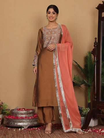 Varanga Women Mustard Zari Embroidered Kurta With Bottom And Dupatta