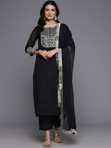 Varanga Women Black Zari Embroidered Kurta With Bottom And Dupatta