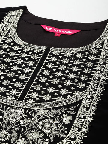 Varanga Women Black Zari Embroidered Kurta With Bottom And Dupatta