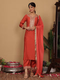 Varanga Women Silk Red Zari Embroidered Kurta With Bottom And Dupatta