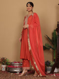 Varanga Women Silk Red Zari Embroidered Kurta With Bottom And Dupatta