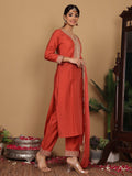 Varanga Women Silk Red Zari Embroidered Kurta With Bottom And Dupatta