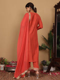 Varanga Women Silk Red Zari Embroidered Kurta With Bottom And Dupatta