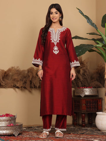 Varanga Women Maroon Thread Sequin Embriodered Kurta With Bottom And Dupatta