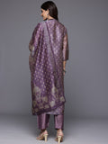 Varanga Women Mauve Floral Printed Mandarin Collar Straight Kurta Paired With Bottom & Dupatta