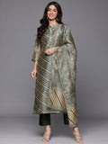 Varanga Women Olive Stripe Printed Mandarin Collar Straight Kurta Paired With Bottom And Dupatta