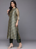 Varanga Women Olive Stripe Printed Mandarin Collar Straight Kurta Paired With Bottom And Dupatta