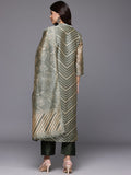 Varanga Women Olive Stripe Printed Mandarin Collar Straight Kurta Paired With Bottom And Dupatta