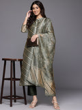 Varanga Women Olive Stripe Printed Mandarin Collar Straight Kurta Paired With Bottom And Dupatta