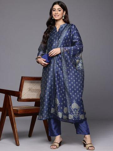 Varanga Women Blue Floral Printed Mandarin Collar Straight Kurta Paired With Bottom & Dupatta