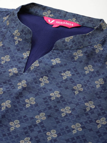 Varanga Women Blue Floral Printed Mandarin Collar Straight Kurta Paired With Bottom & Dupatta