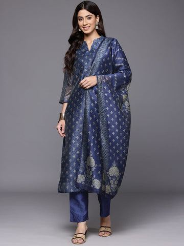 Varanga Women Blue Floral Printed Mandarin Collar Straight Kurta Paired With Bottom & Dupatta