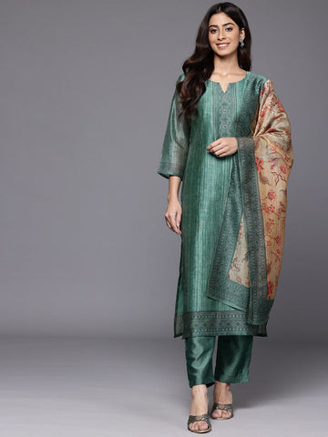 Varanga Women Teal  Printed Round Neck Straight Kurta Paired With Bottom And Dupatta