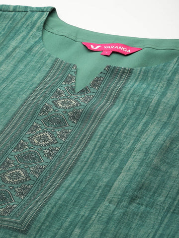 Varanga Women Teal  Printed Round Neck Straight Kurta Paired With Bottom And Dupatta